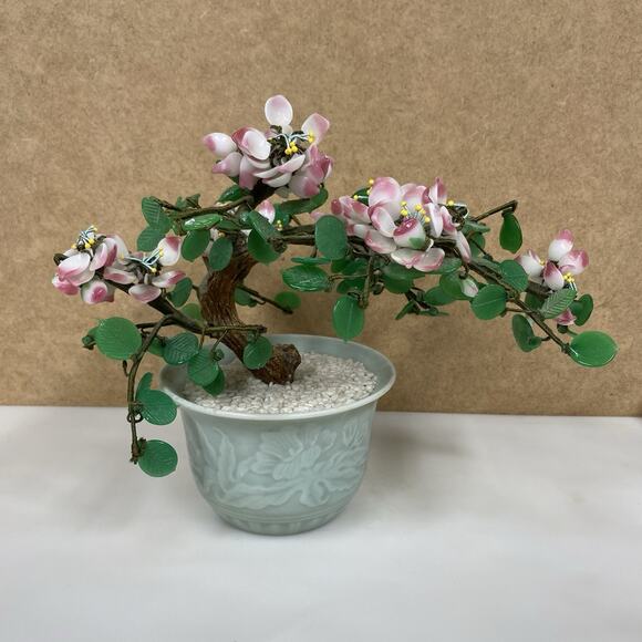 Vtg Chinese Bonsai Flower Tree Celadon Pot Cherry Blossom Home Decor - Picture 1 of 9